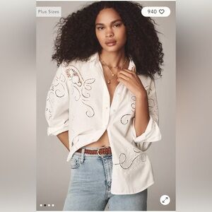 Anthropologie Long Sleeve Cutwork Buttondown Shirt in White Size M. NWT